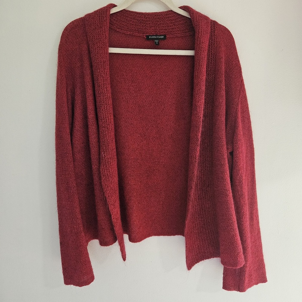 Eileen Fisher M Red Wool Cashmere Mohair Open Front Cardigan Knit Quiet Luxury